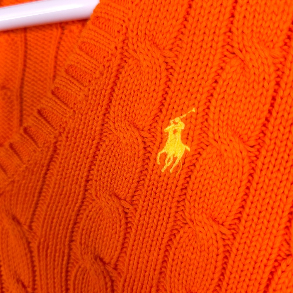 Ralph Lauren Sport Sweater V-Neck Cable Knit Orange Medium Cotton Preppy Classic - Picture 3 of 11